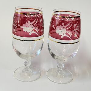 2 Bohemian Crystal Etched Wine Water Glasses Gold Trim Floral Pattern Pink Cranb